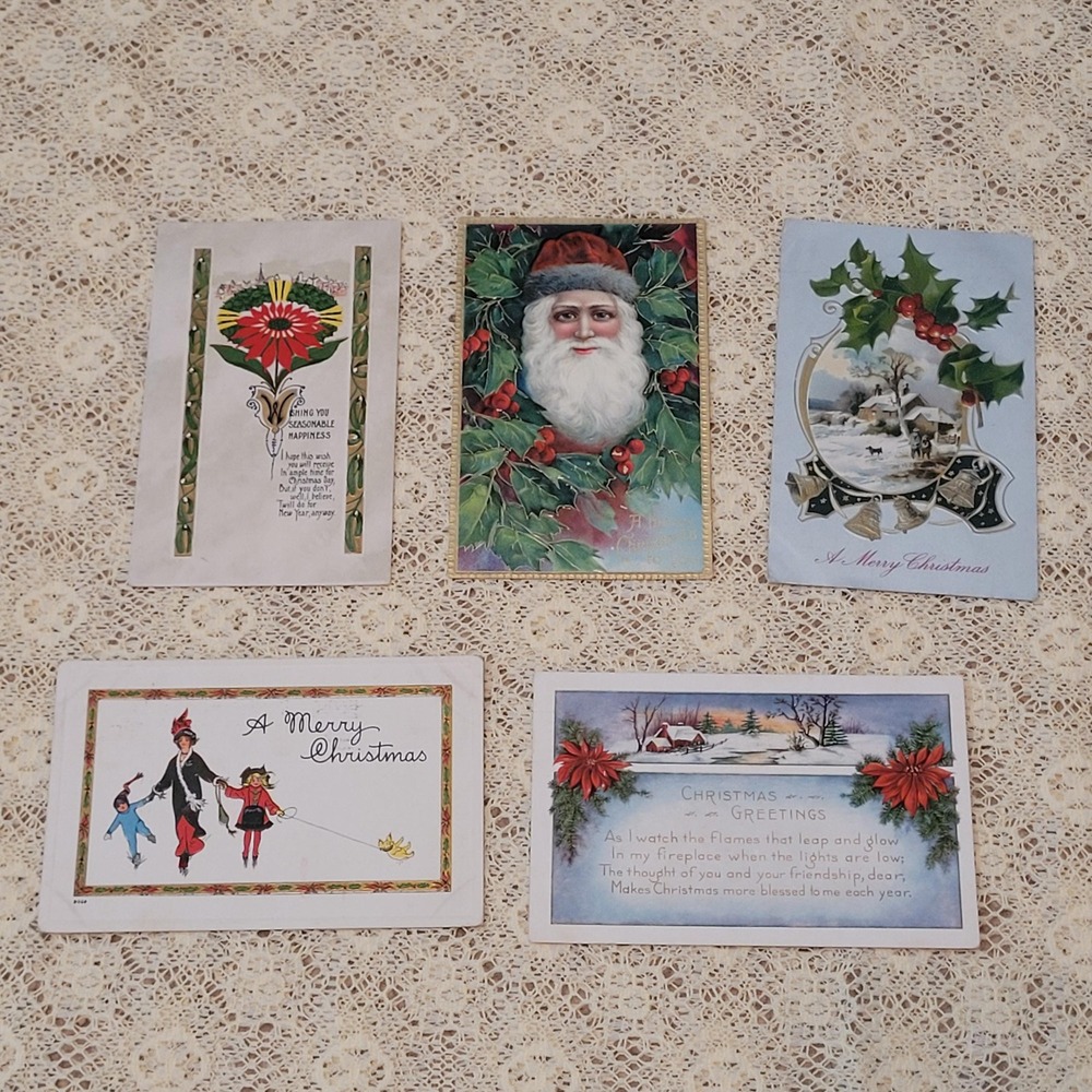 Vintage Christmas Post Cards from 1900s Junk‎ Journal Scrapbook Holiday Lot of 5